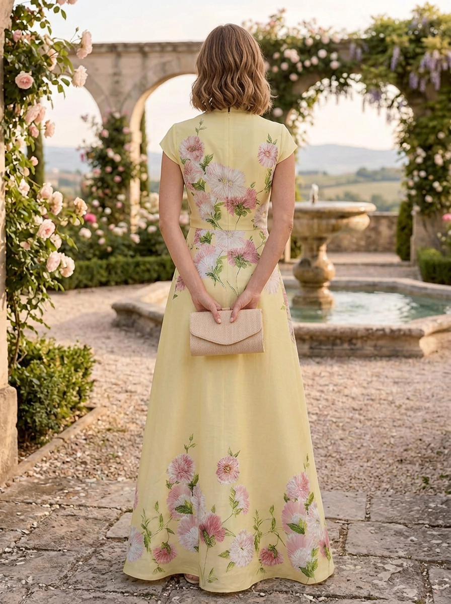 Radiant Yellow Floral Print Mandarin Collar A-Line V-Neck Maxi Mother of the Bride & Groom Dresses