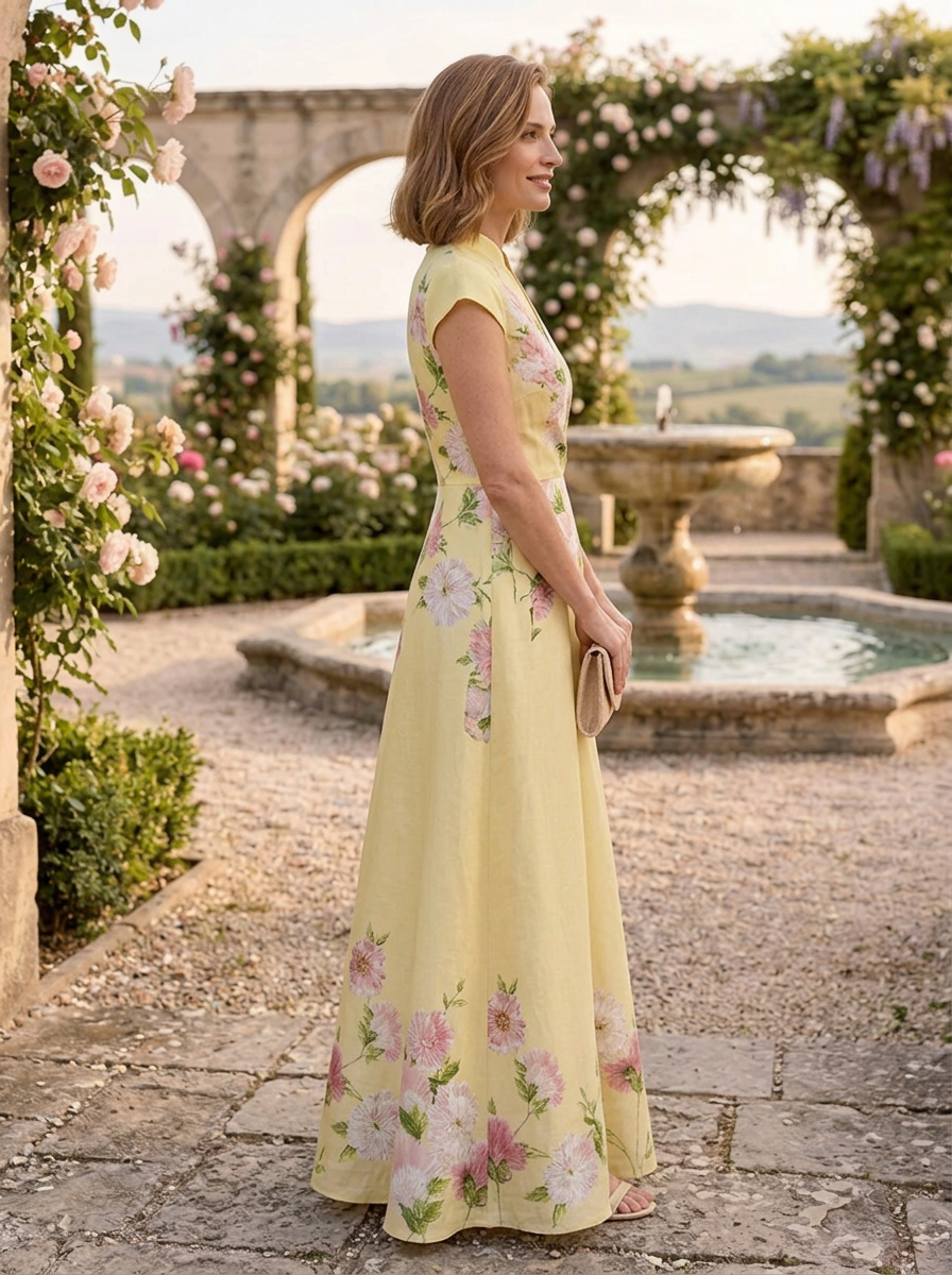 Radiant Yellow Floral Print Mandarin Collar A-Line V-Neck Maxi Mother of the Bride & Groom Dresses