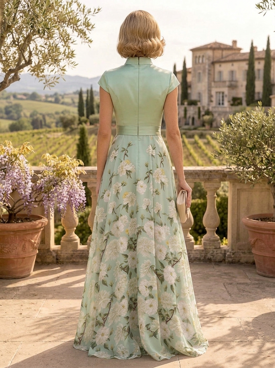 Ethereal Sage Green Floral Print Mandarin Collar A-Line Maxi Mother of the Bride & Groom Dresses