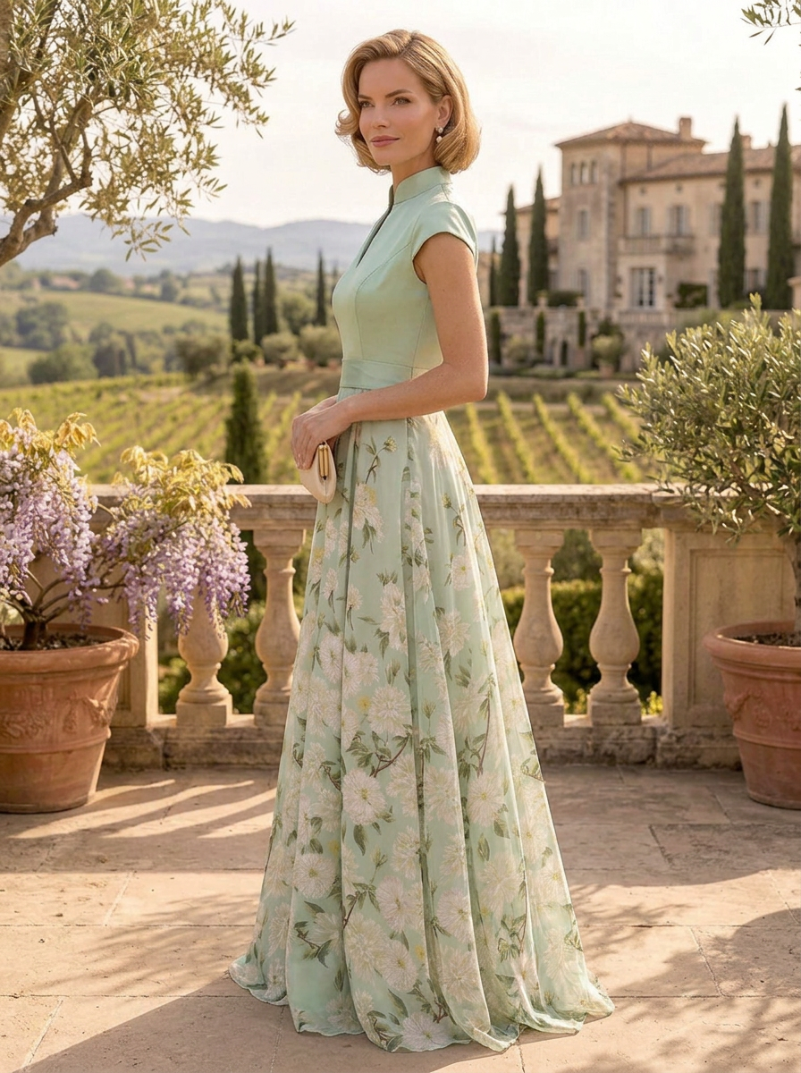 Ethereal Sage Green Floral Print Mandarin Collar A-Line Maxi Mother of the Bride & Groom Dresses