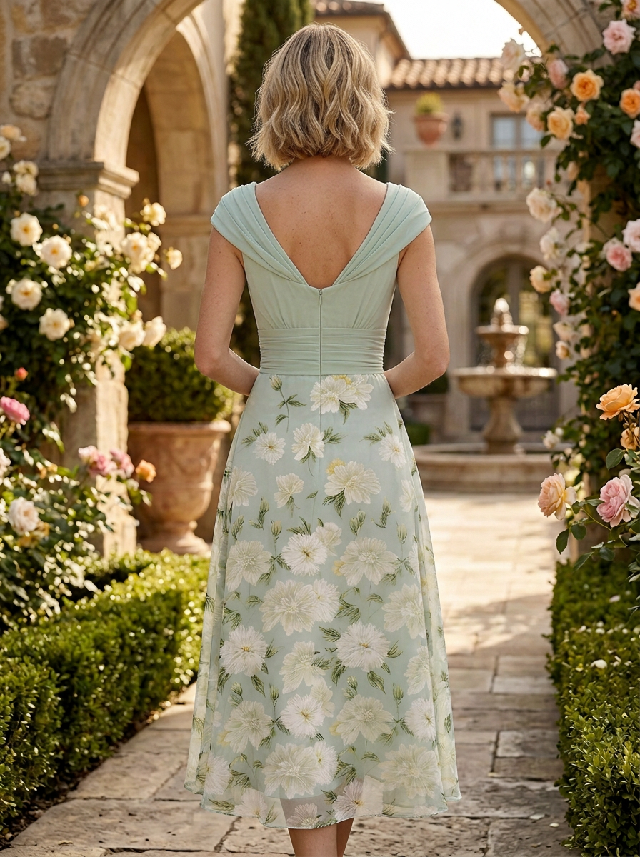Ethereal Sage Green Draped Bodice Floral A-Line Midi Mother of the Bride & Groom Dresses