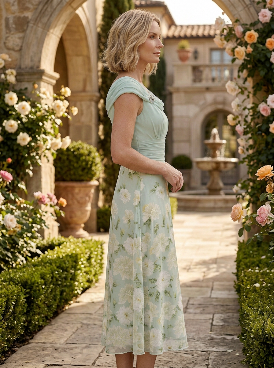 Ethereal Sage Green Draped Bodice Floral A-Line Midi Mother of the Bride & Groom Dresses
