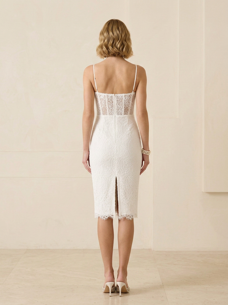 Classic Ivory Lace Square-Neck Midi Sheath Spaghetti Straps Midi Wedding Dress