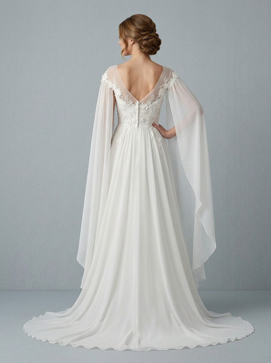 Ethereal White Floral Appliqué Chiffon Capelet Wedding Dress