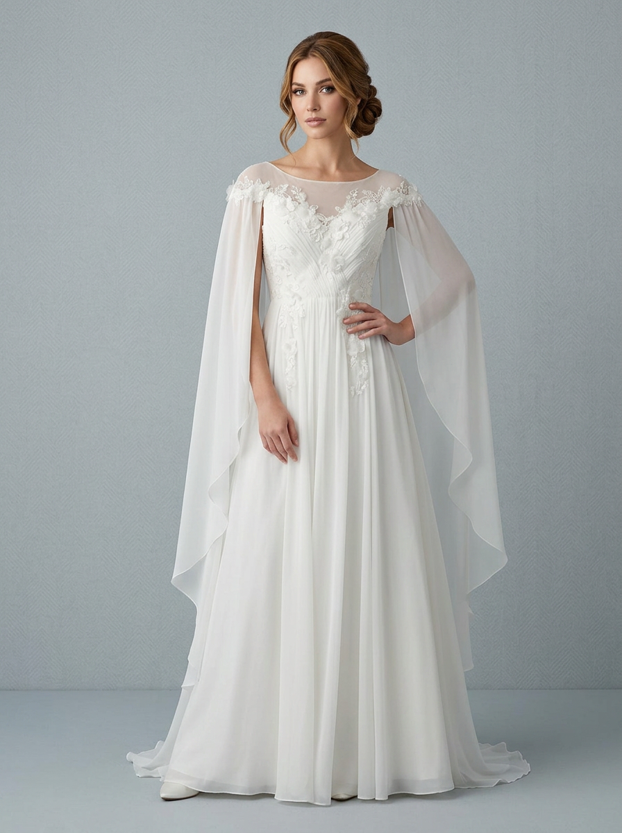Ethereal White Floral Appliqué Chiffon Capelet Wedding Dress