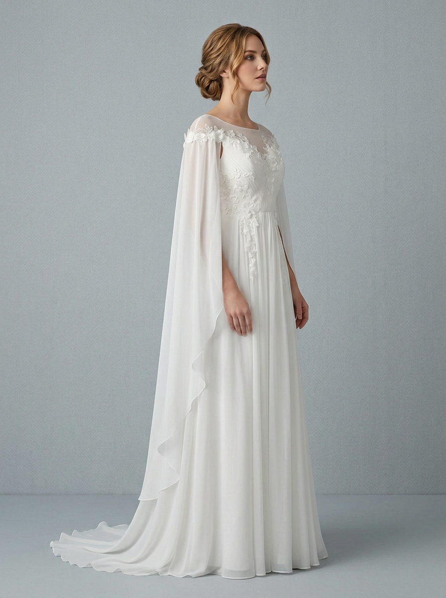 Ethereal White Floral Appliqué Chiffon Capelet Wedding Dress