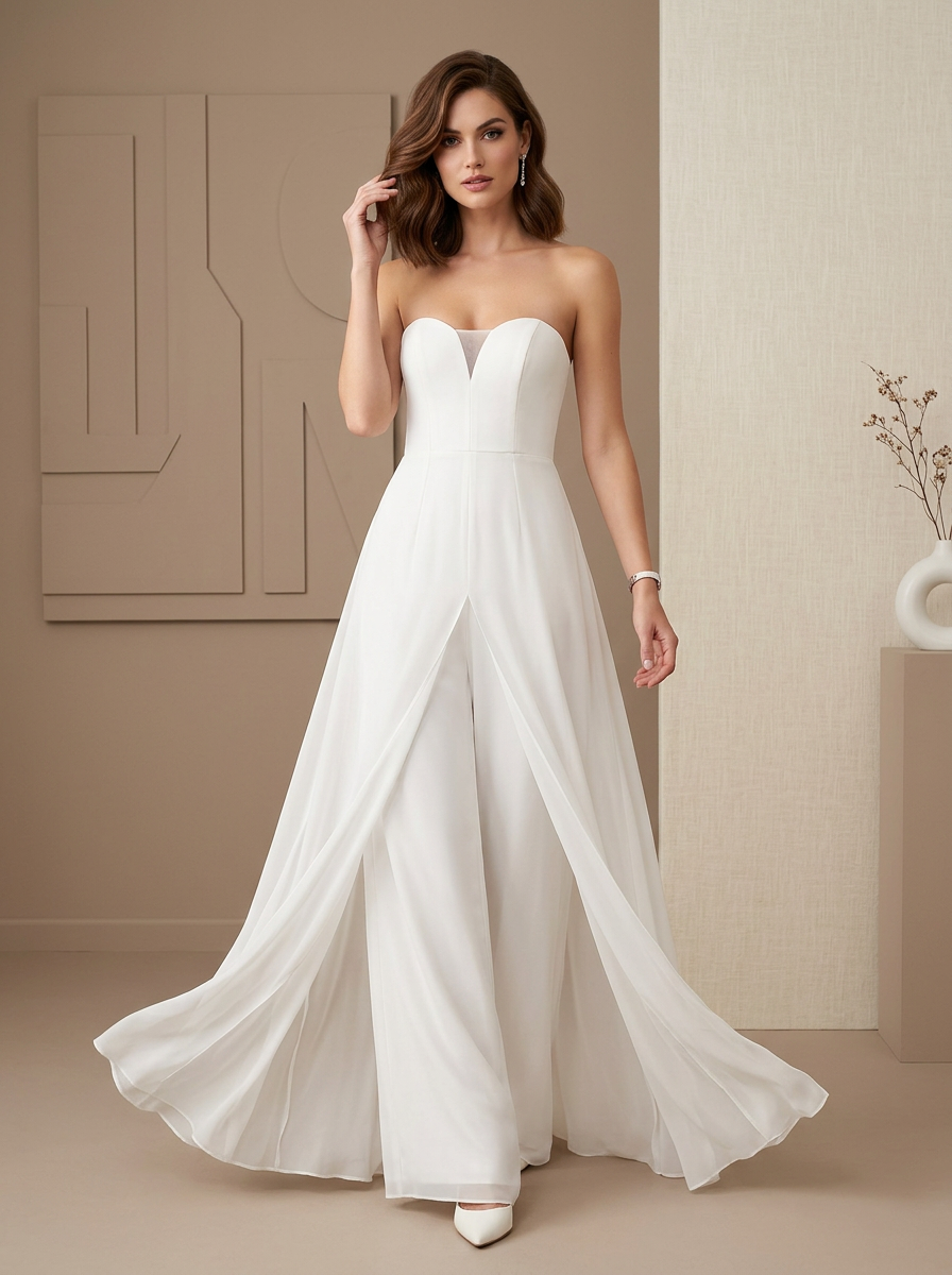 Modern Ivory Strapless Corset Overlay Wide-Leg Jumpsuit Wedding Dress
