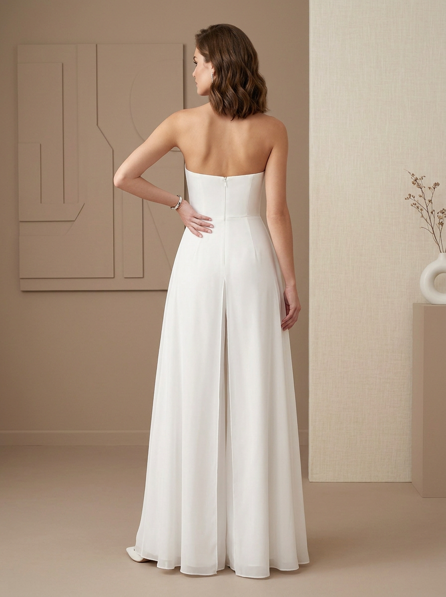 Modern Ivory Strapless Corset Overlay Wide-Leg Jumpsuit Wedding Dress