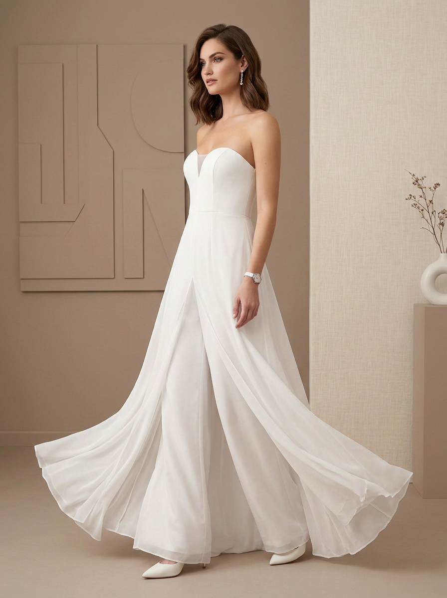 Modern Ivory Strapless Corset Overlay Wide-Leg Jumpsuit Wedding Dress