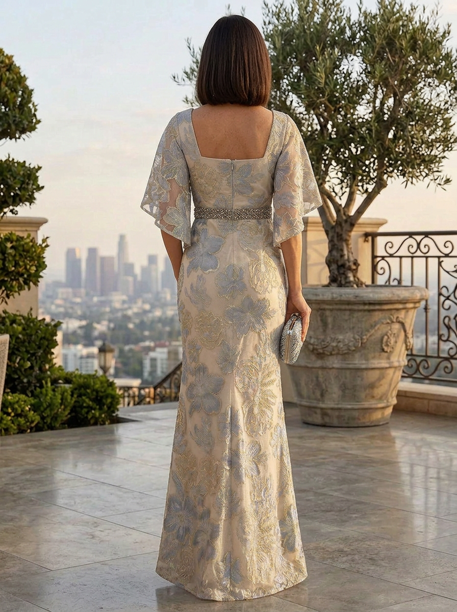 Luminous Dusty Blue Floral Brocade Flutter-Sleeve Sheath Mother of the Bride & Groom Dresses