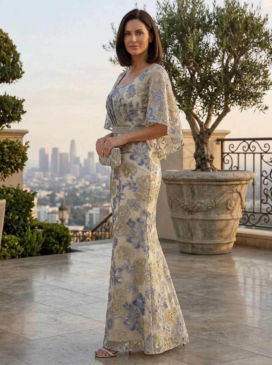 Luminous Dusty Blue Floral Brocade Flutter-Sleeve Sheath Mother of the Bride & Groom Dresses