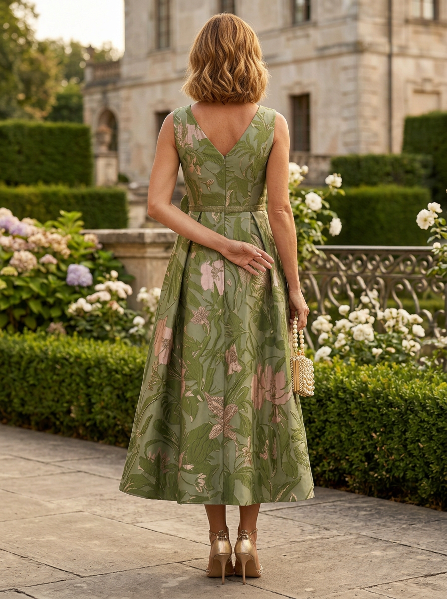 Luminous Sage Floral Brocade Midi V-Neck A-Line Mother of the Bride & Groom Dresses