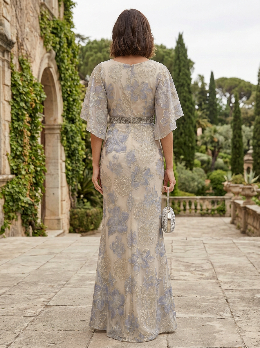 Luminous Champagne Floral Brocade Flutter-Sleeve Maxi Mother of the Bride & Groom Dresses