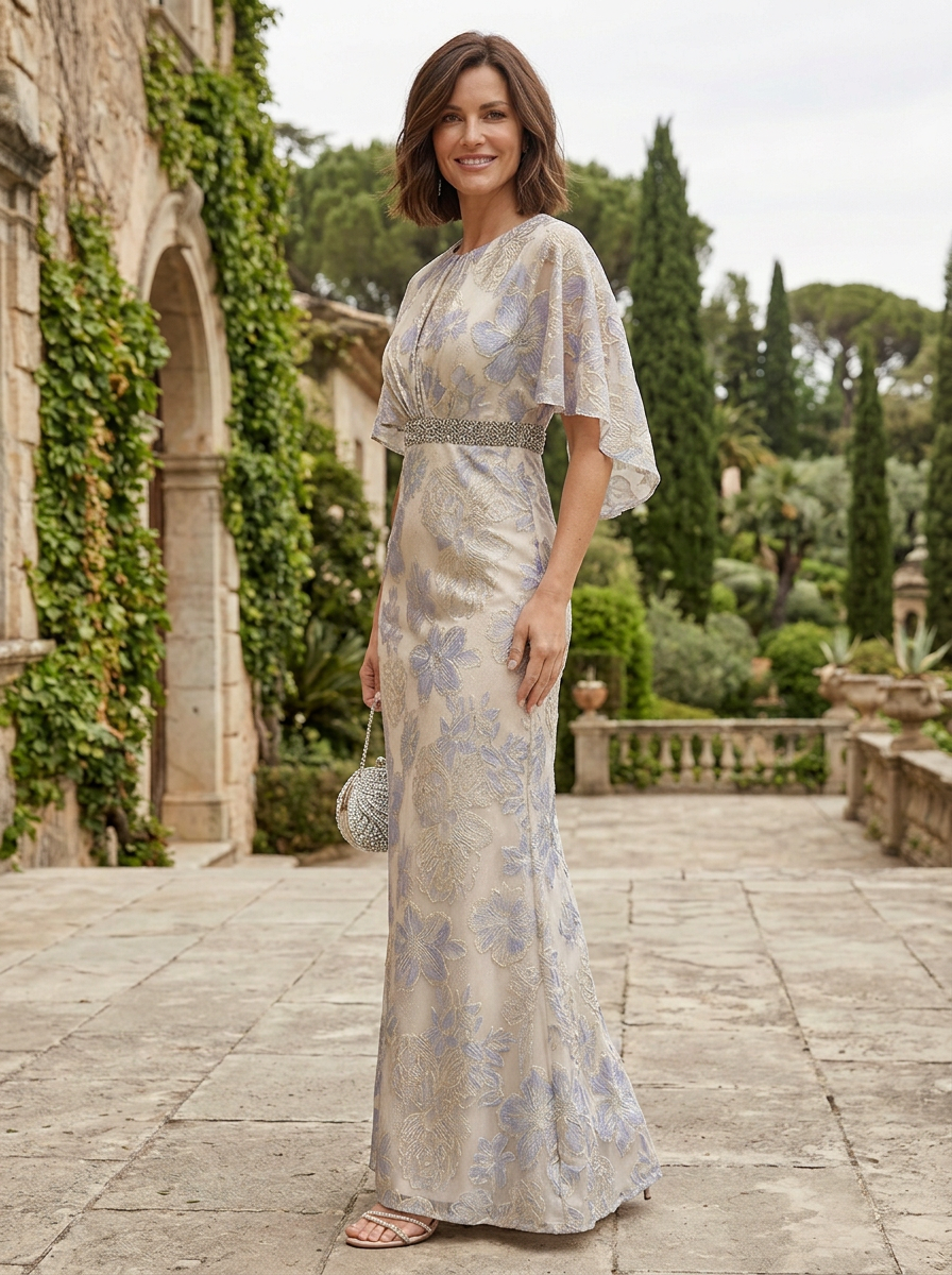 Luminous Champagne Floral Brocade Flutter-Sleeve Maxi Mother of the Bride & Groom Dresses