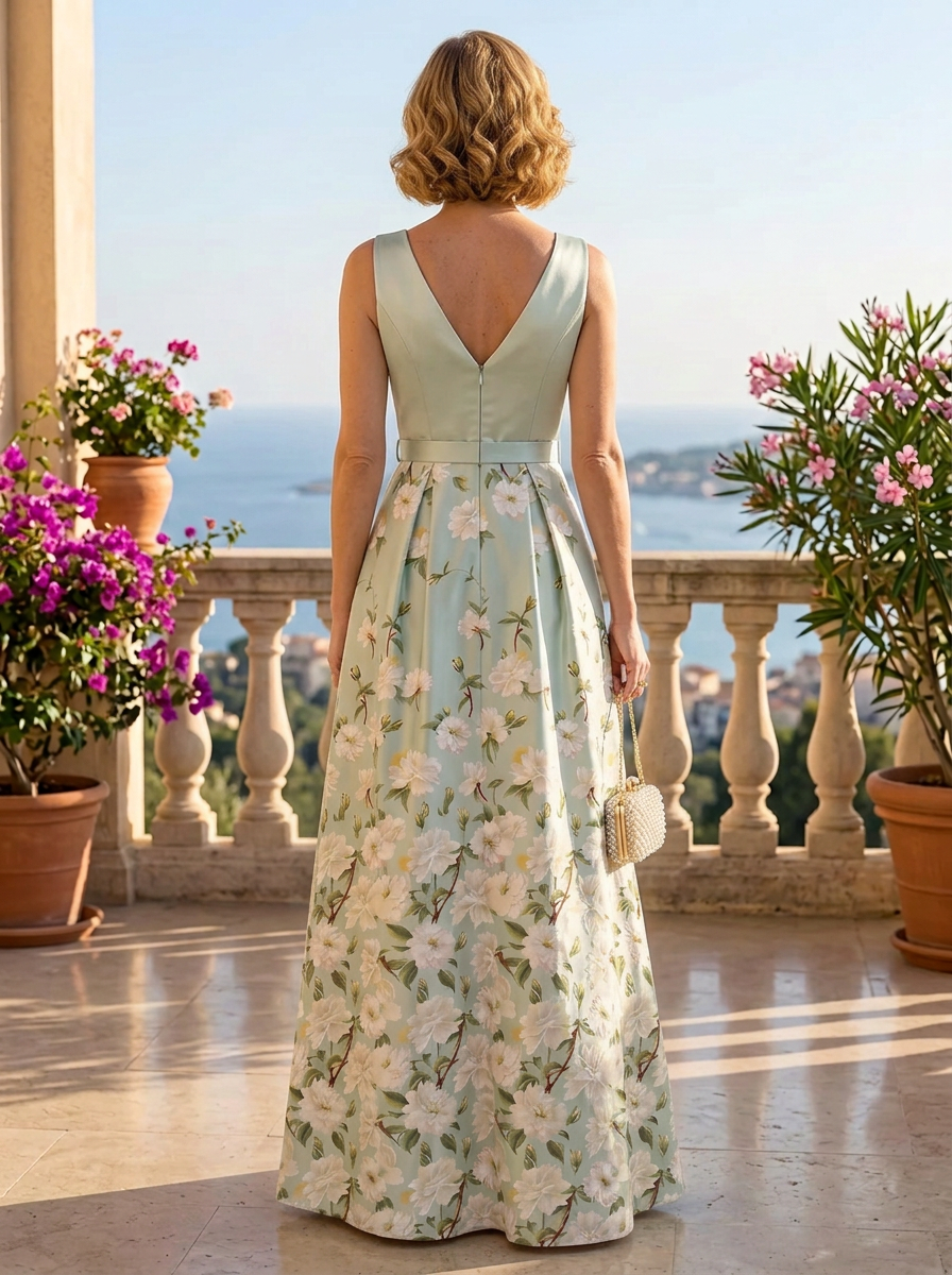 Luminous Sage Floral Brocade Slit V-Neck Maxi Mother of the Bride & Groom Dresses