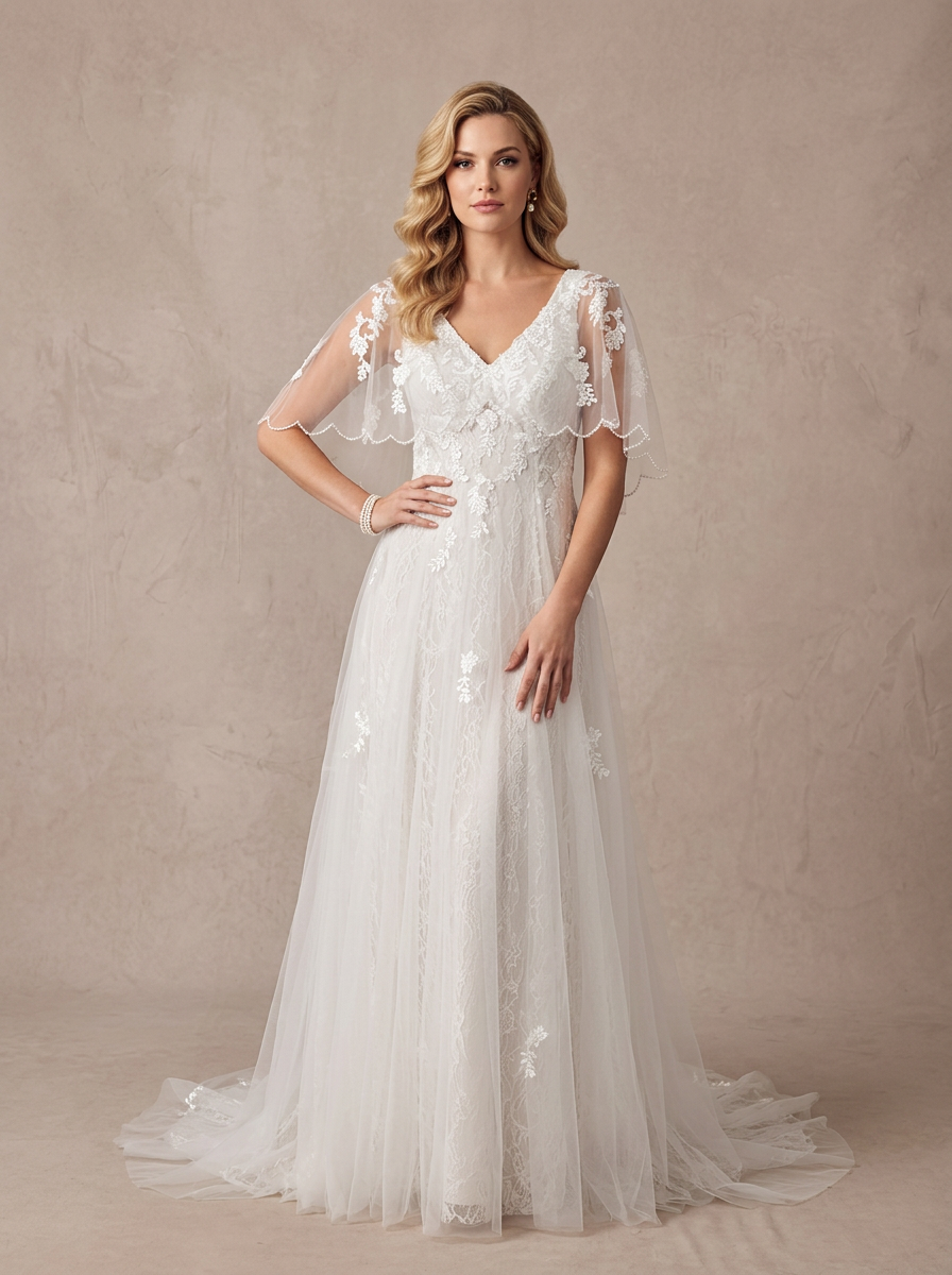 Ethereal White Tulle Capelet V-Neck A-Line Wedding Dress