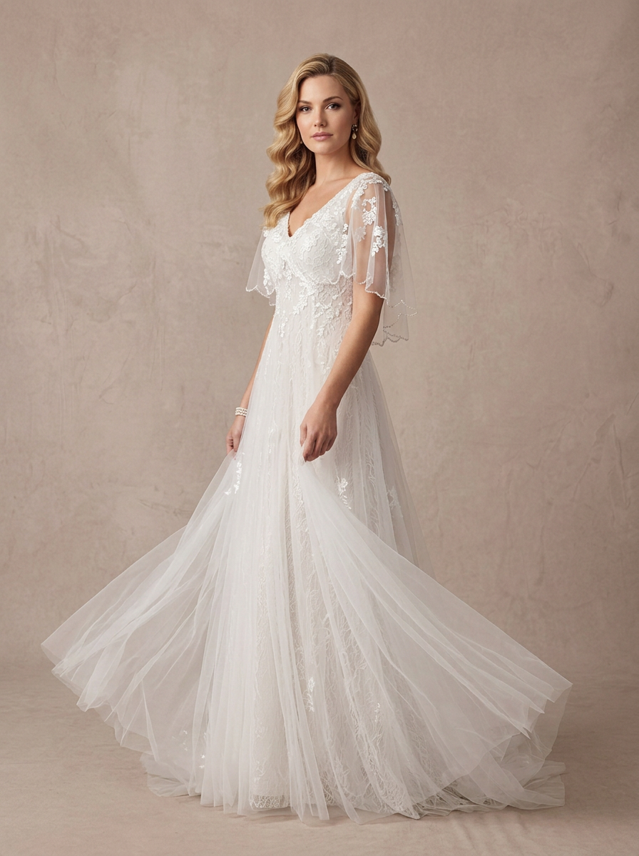 Ethereal White Tulle Capelet V-Neck A-Line Wedding Dress