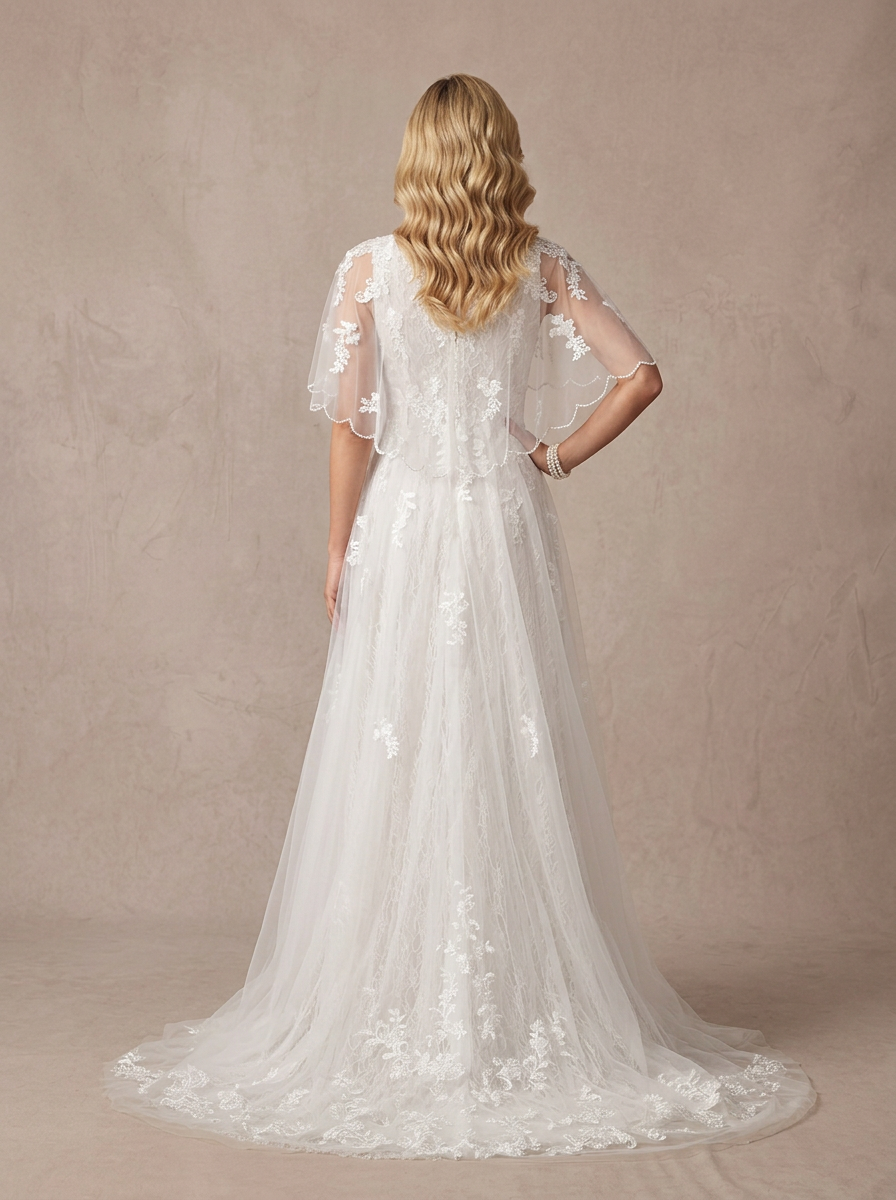 Ethereal White Tulle Capelet V-Neck A-Line Wedding Dress