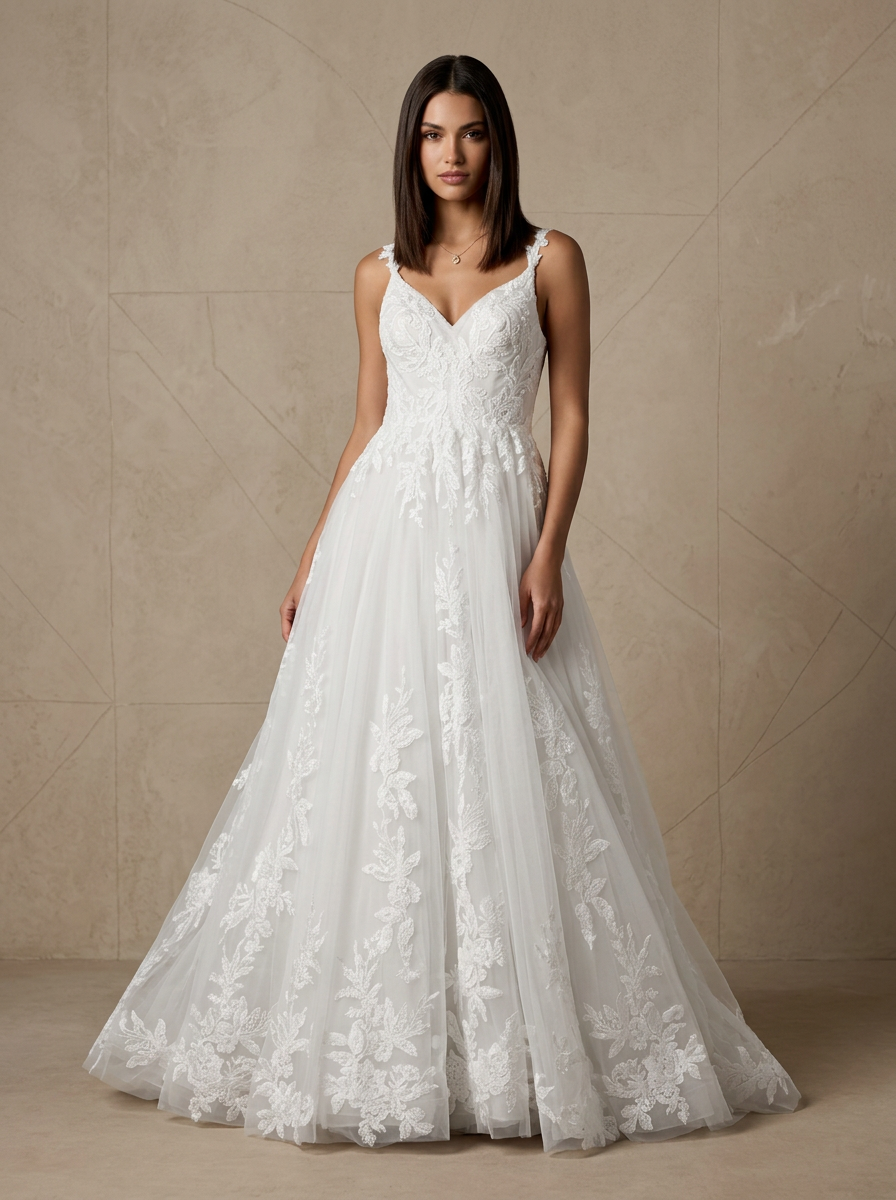  White A-Line V-Neck Sequins Tulle Wedding Dress