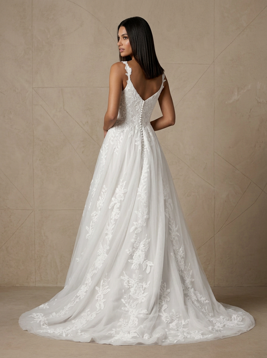  White A-Line V-Neck Sequins Tulle Wedding Dress