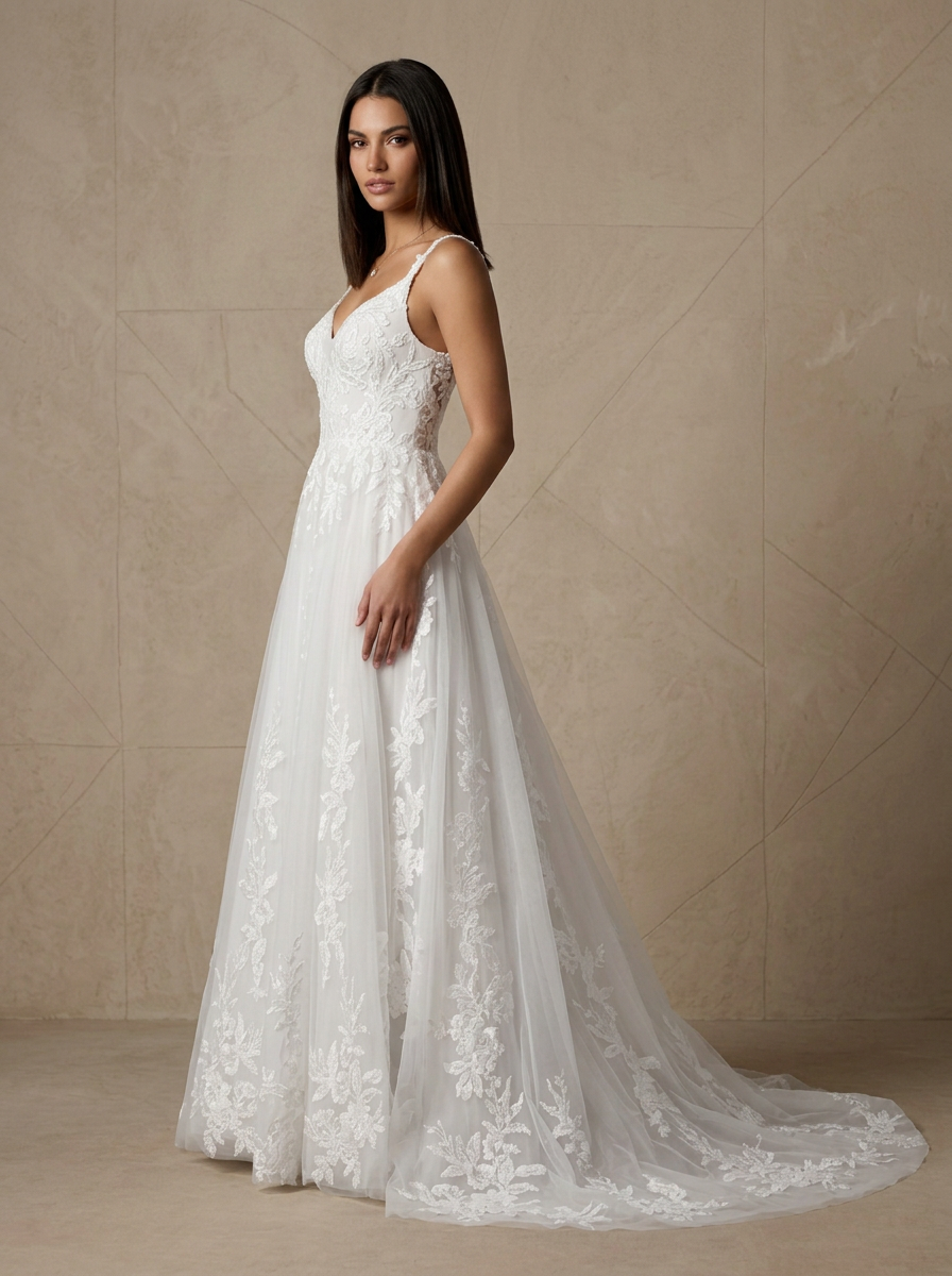  White A-Line V-Neck Sequins Tulle Wedding Dress