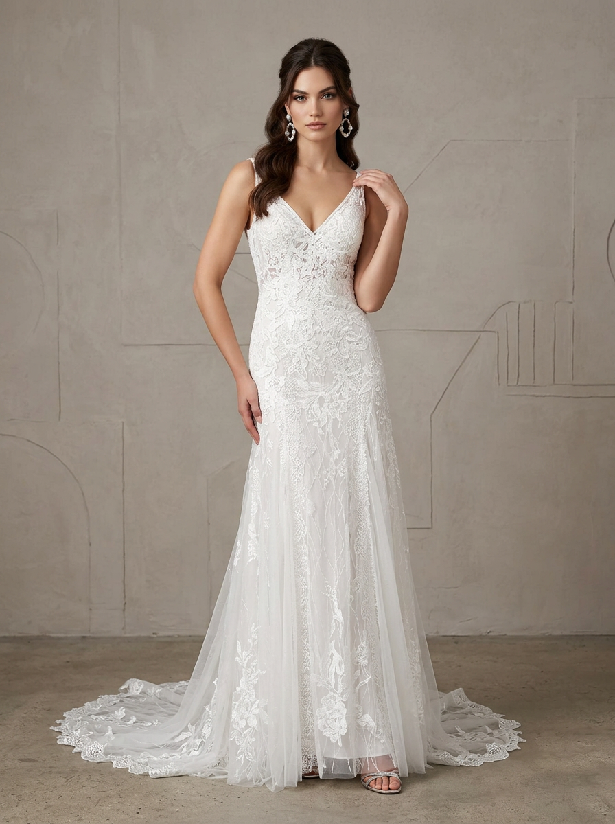 White Mermaid Sequins Tulle V-Neck Sheath Wedding Dress