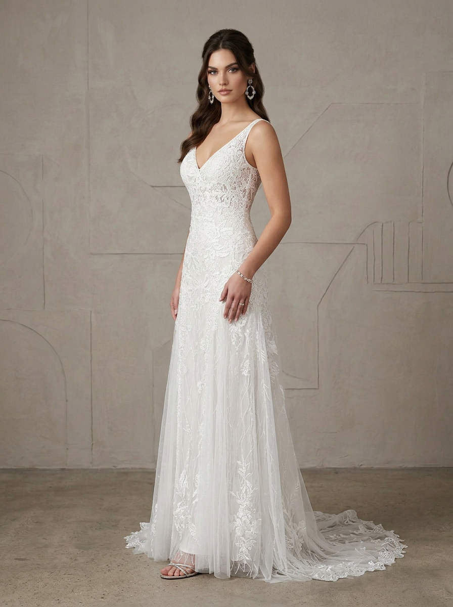 White Mermaid Sequins Tulle V-Neck Sheath Wedding Dress