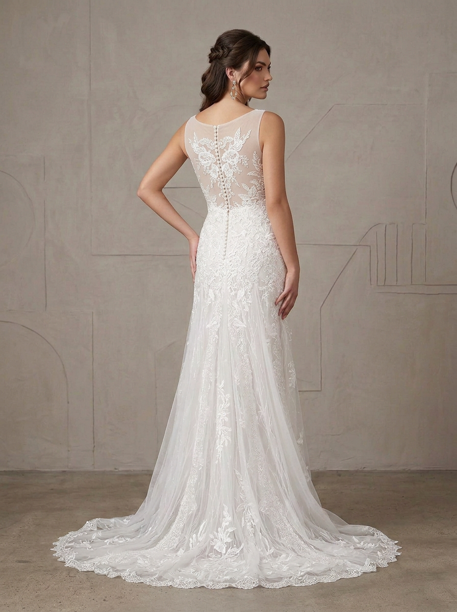 White Mermaid Sequins Tulle V-Neck Sheath Wedding Dress