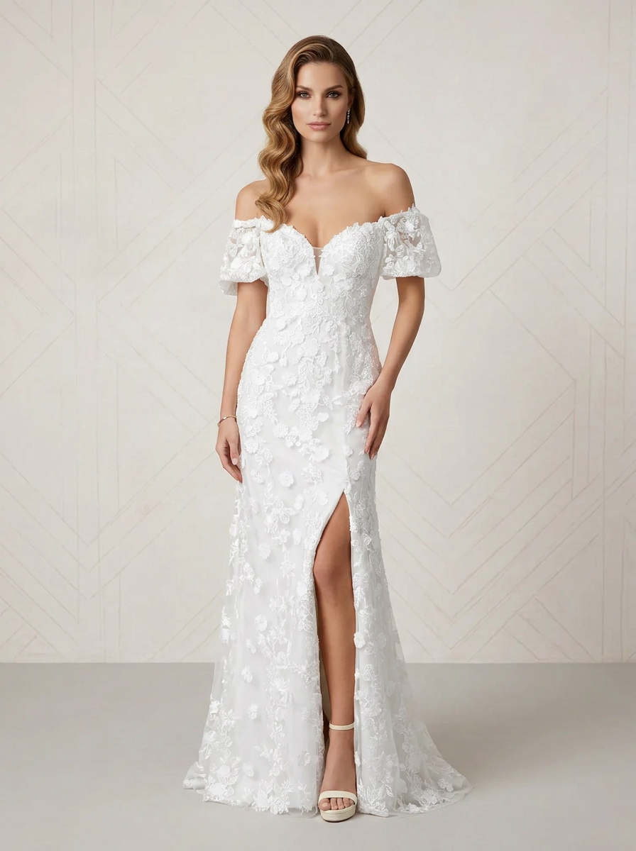 Ethereal White Off-the-Shoulder Lace Sweetheart Slit Wedding Dress