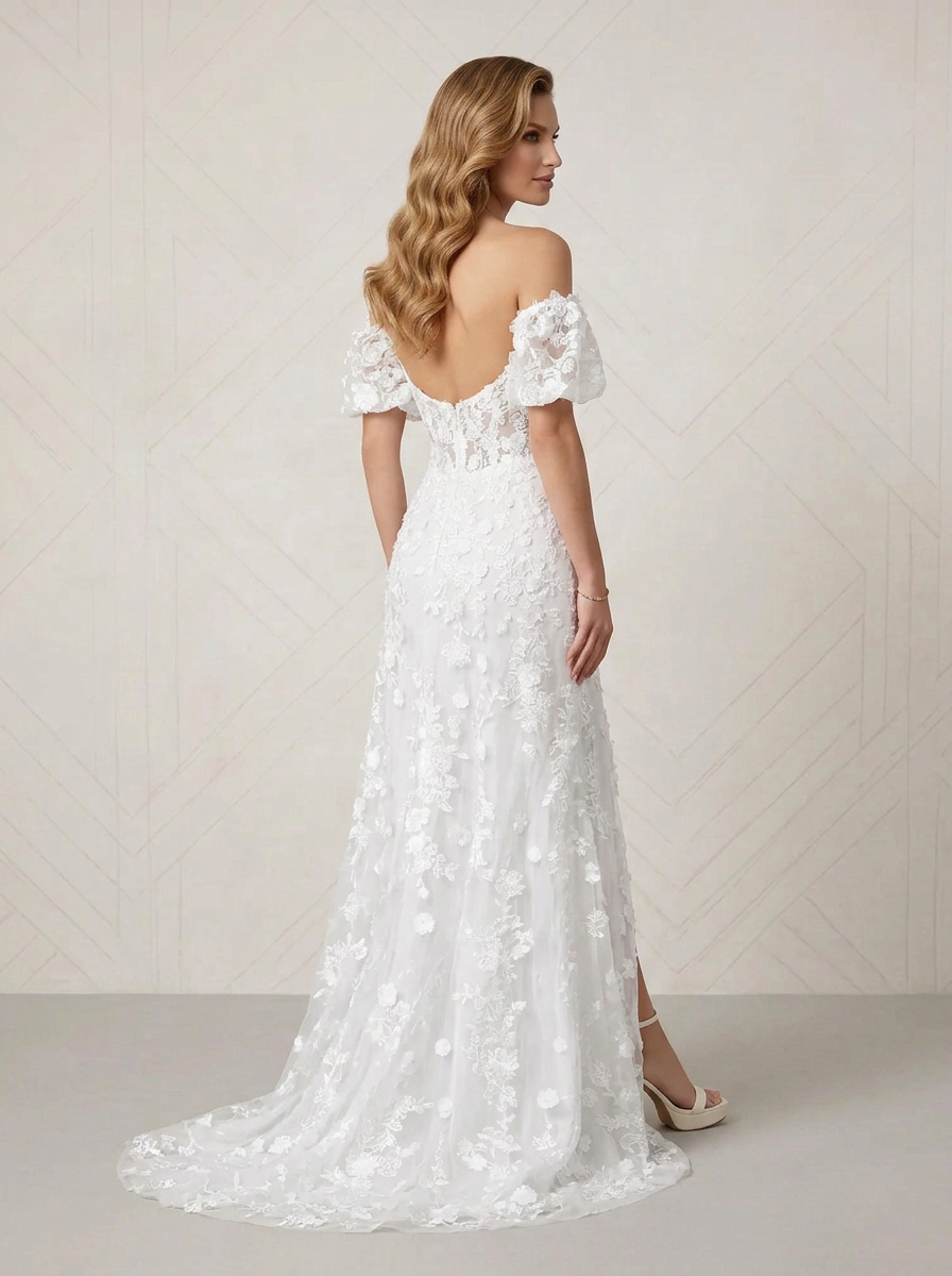 Ethereal White Off-the-Shoulder Lace Sweetheart Slit Wedding Dress