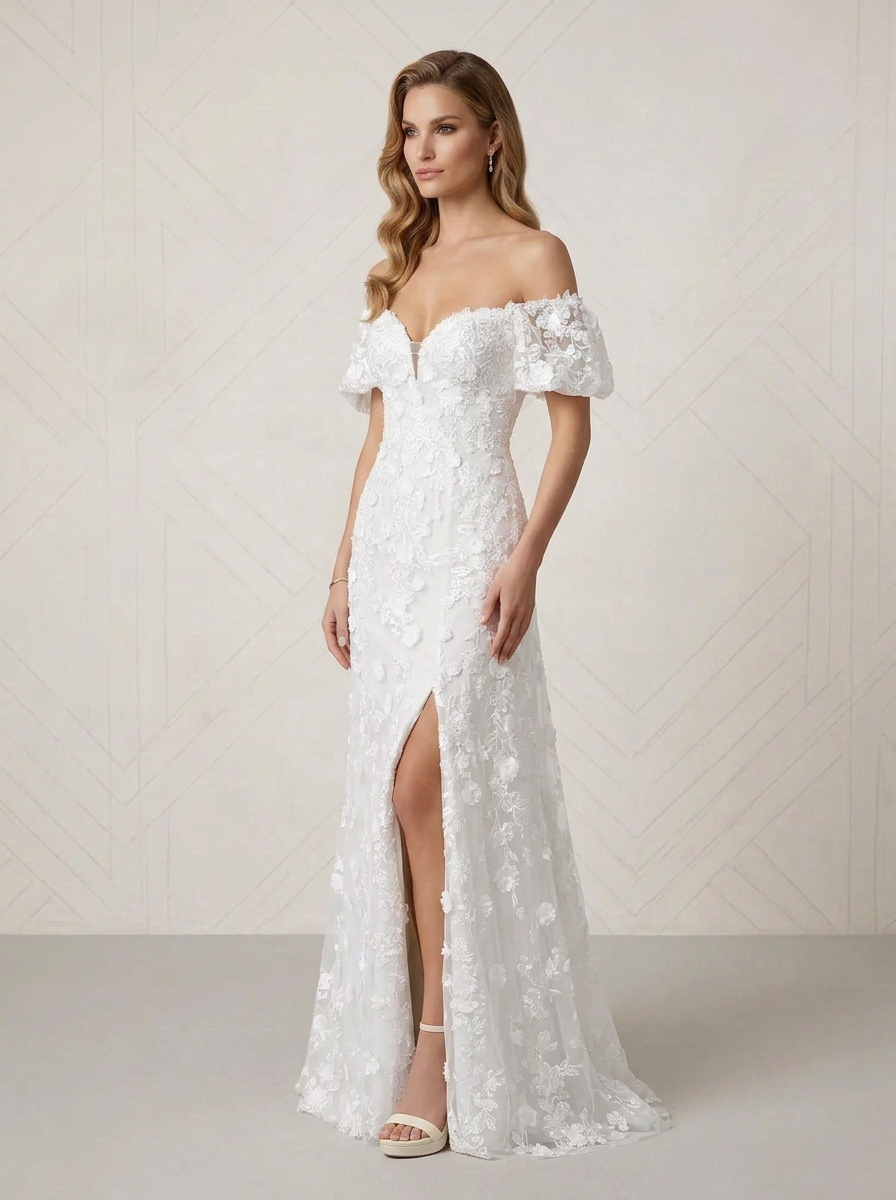 Ethereal White Off-the-Shoulder Lace Sweetheart Slit Wedding Dress