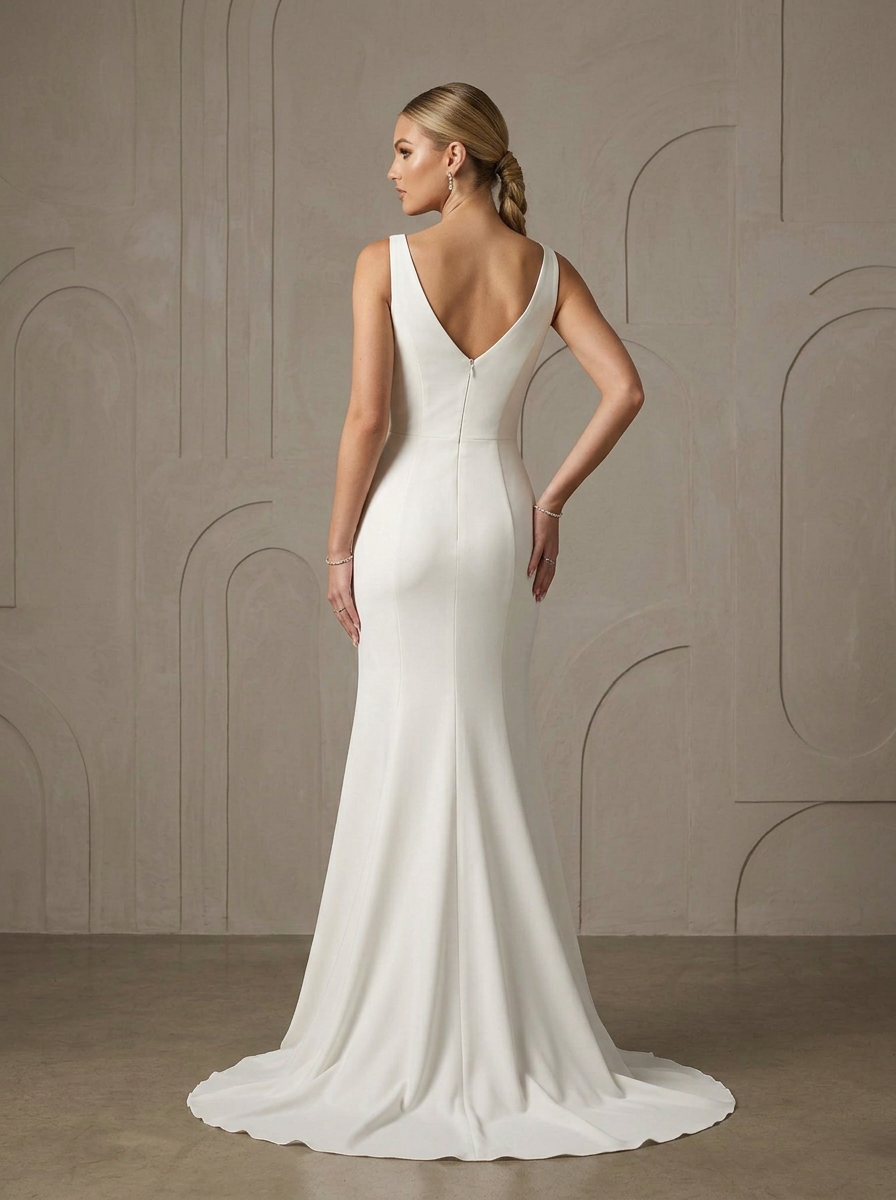 Luminous Ivory Cowl Neck Crepe Slit Sheath Wedding Dress