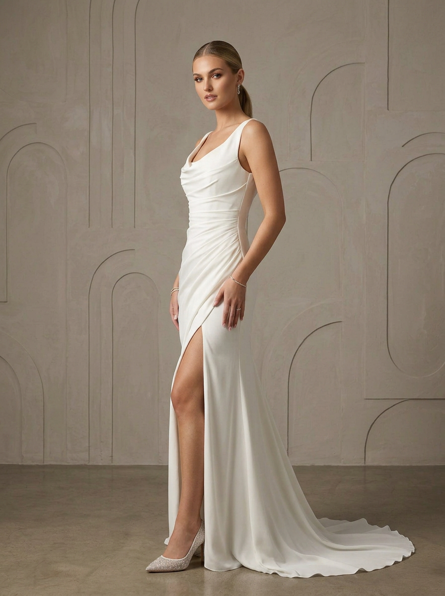 Luminous Ivory Cowl Neck Crepe Slit Sheath Wedding Dress