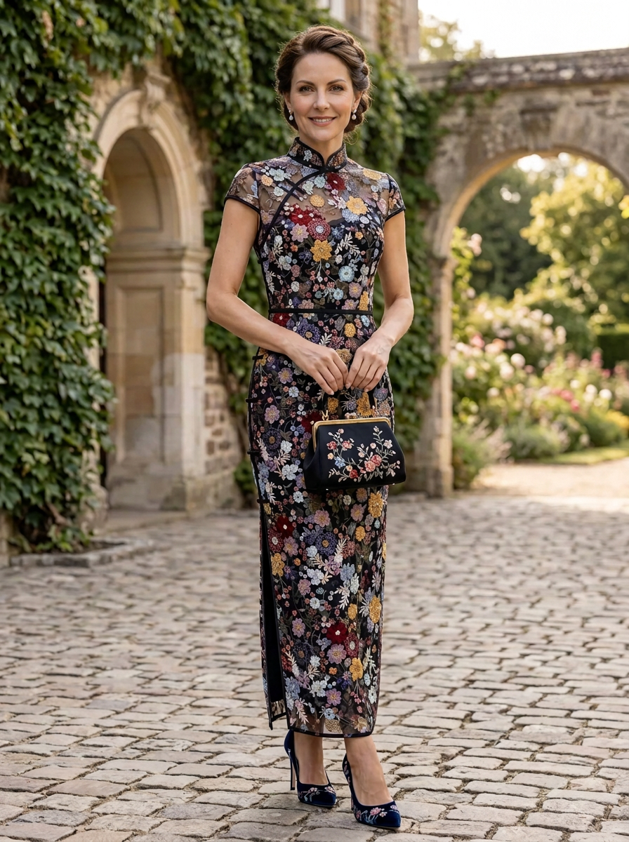 Luminous Black Floral Embroidered Cheongsam Sheath Midi Mother of the Bride & Groom Dresses With Slit