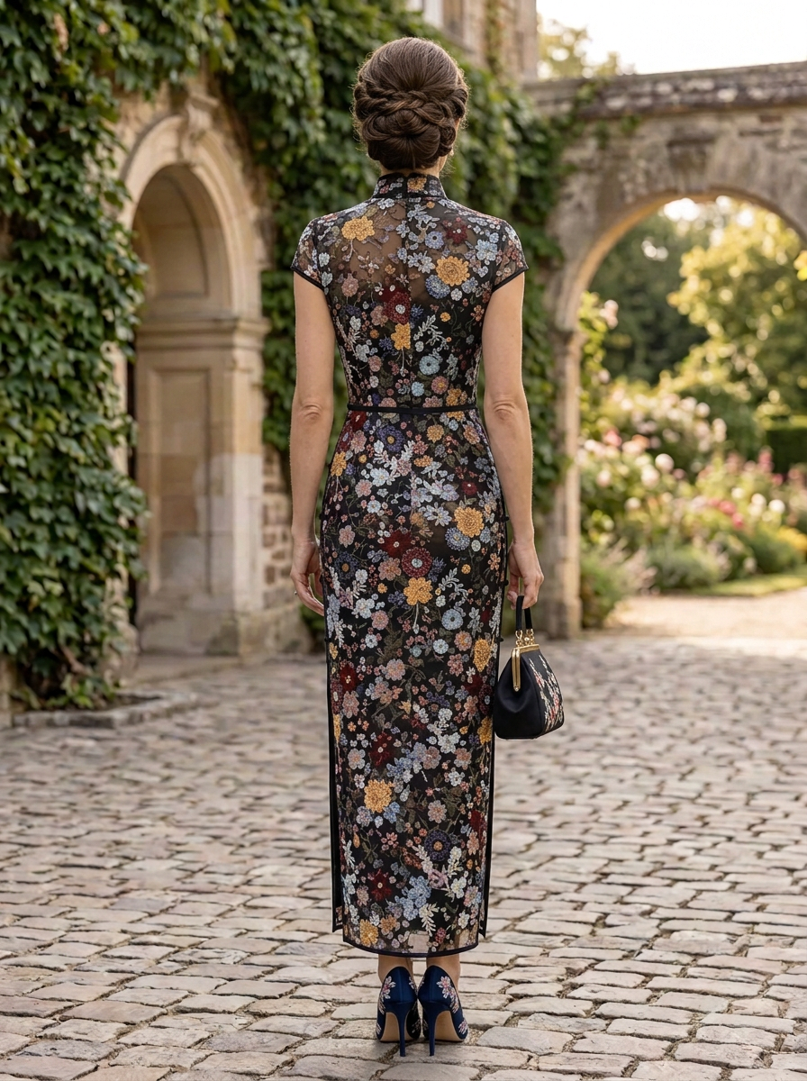 Luminous Black Floral Embroidered Cheongsam Sheath Midi Mother of the Bride & Groom Dresses With Slit