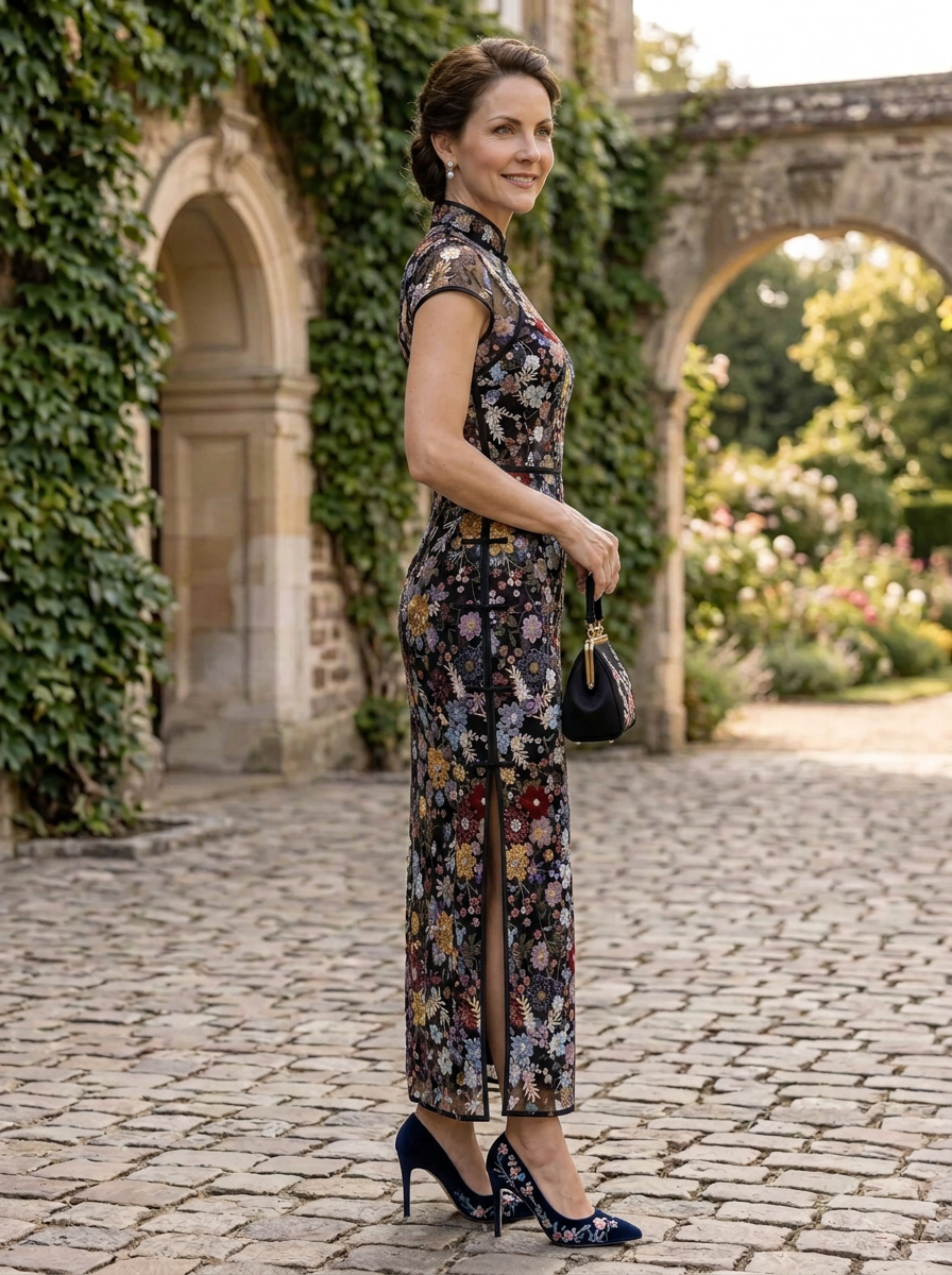Luminous Black Floral Embroidered Cheongsam Sheath Midi Mother of the Bride & Groom Dresses With Slit