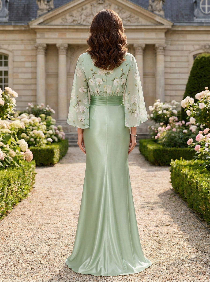 Luminous Sage Green Floral V-Neck Satin Mermaid Mother of the Bride & Groom Dresses 