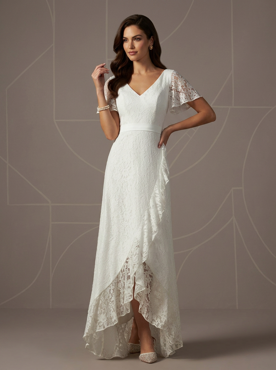 White A-Line V-Neck Lace Midi Wedding Dress