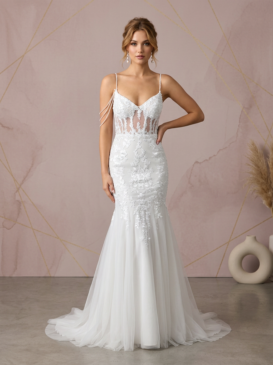  White Lace Corset Mermaid Sweetheart Wedding Dress with Pearl Draped Straps 