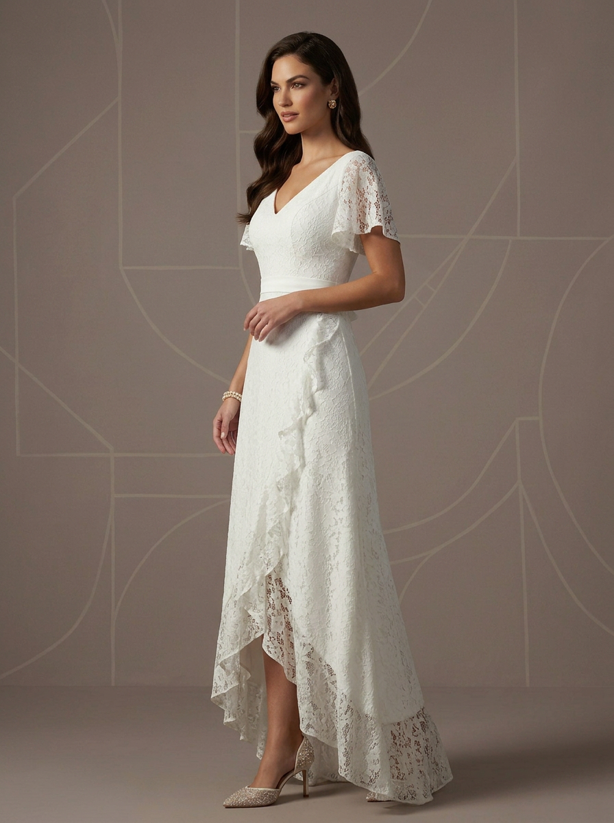 White A-Line V-Neck Lace Midi Wedding Dress