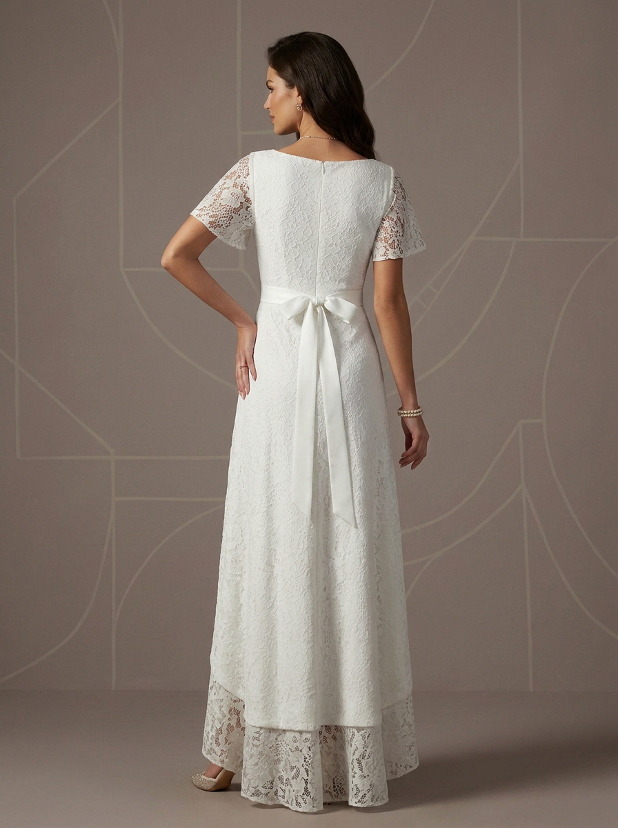 White A-Line V-Neck Lace Midi Wedding Dress