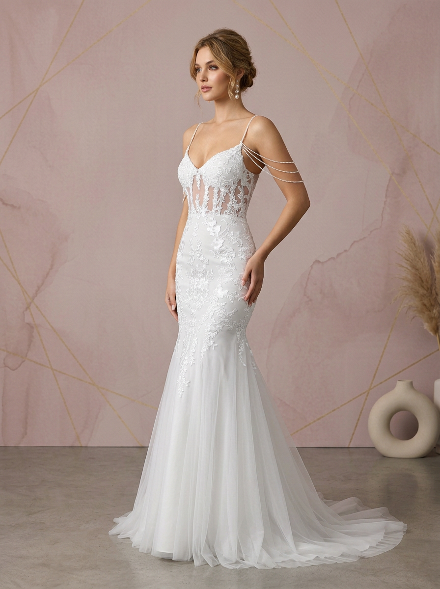  White Lace Corset Mermaid Sweetheart Wedding Dress with Pearl Draped Straps 