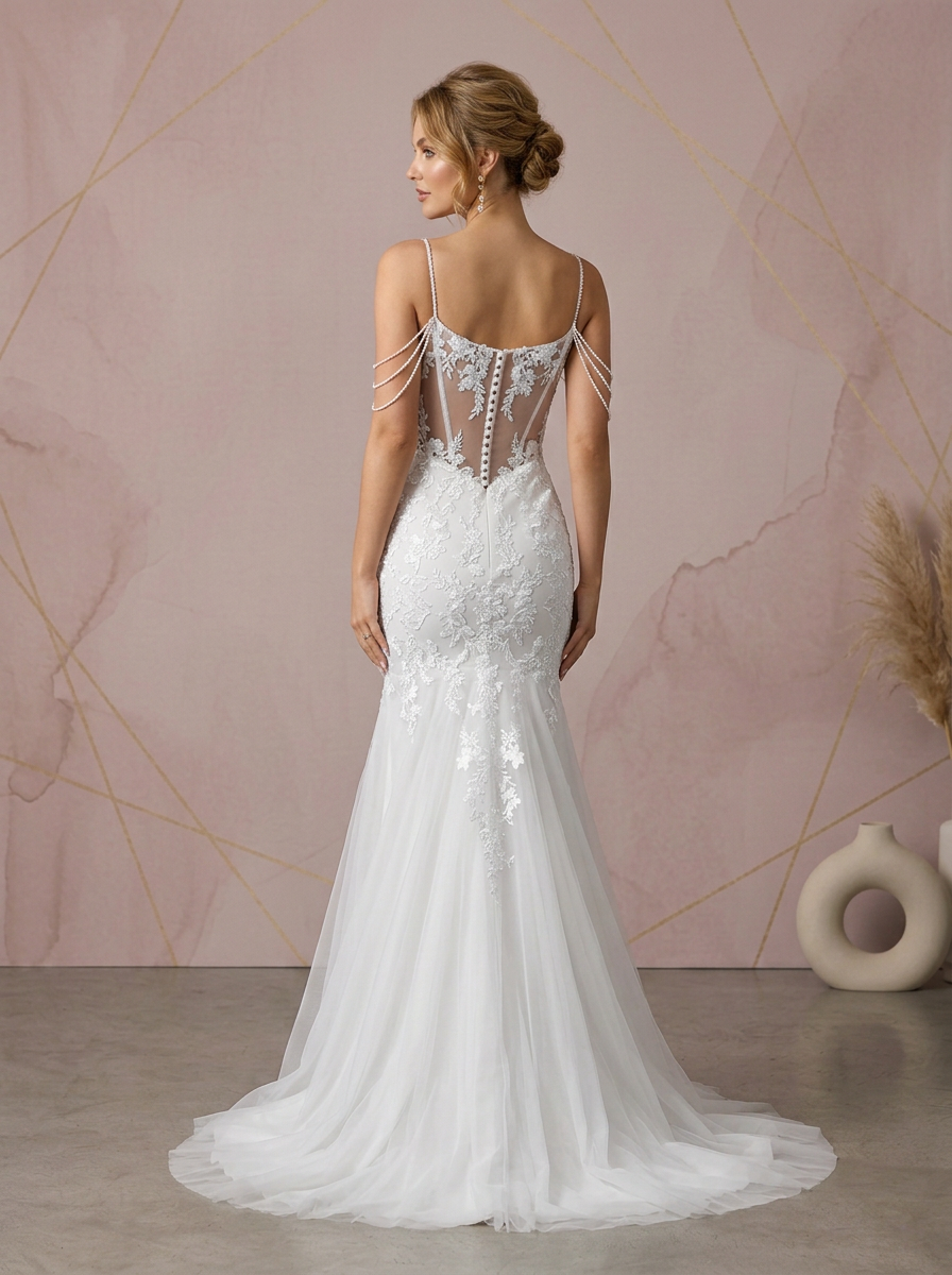  White Lace Corset Mermaid Sweetheart Wedding Dress with Pearl Draped Straps 
