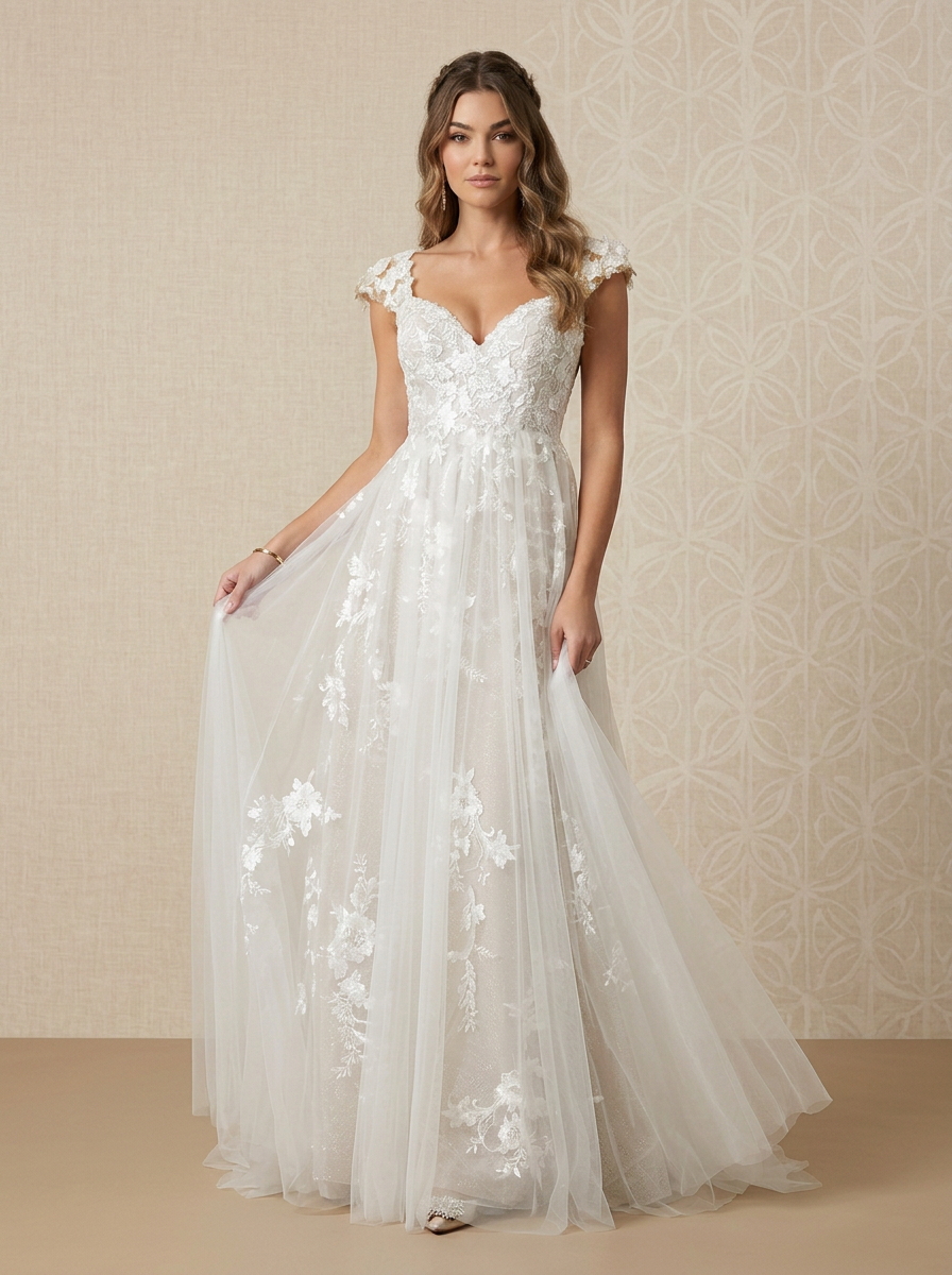 White A-Line Sweetheart Sequins Tulle Wedding Dress