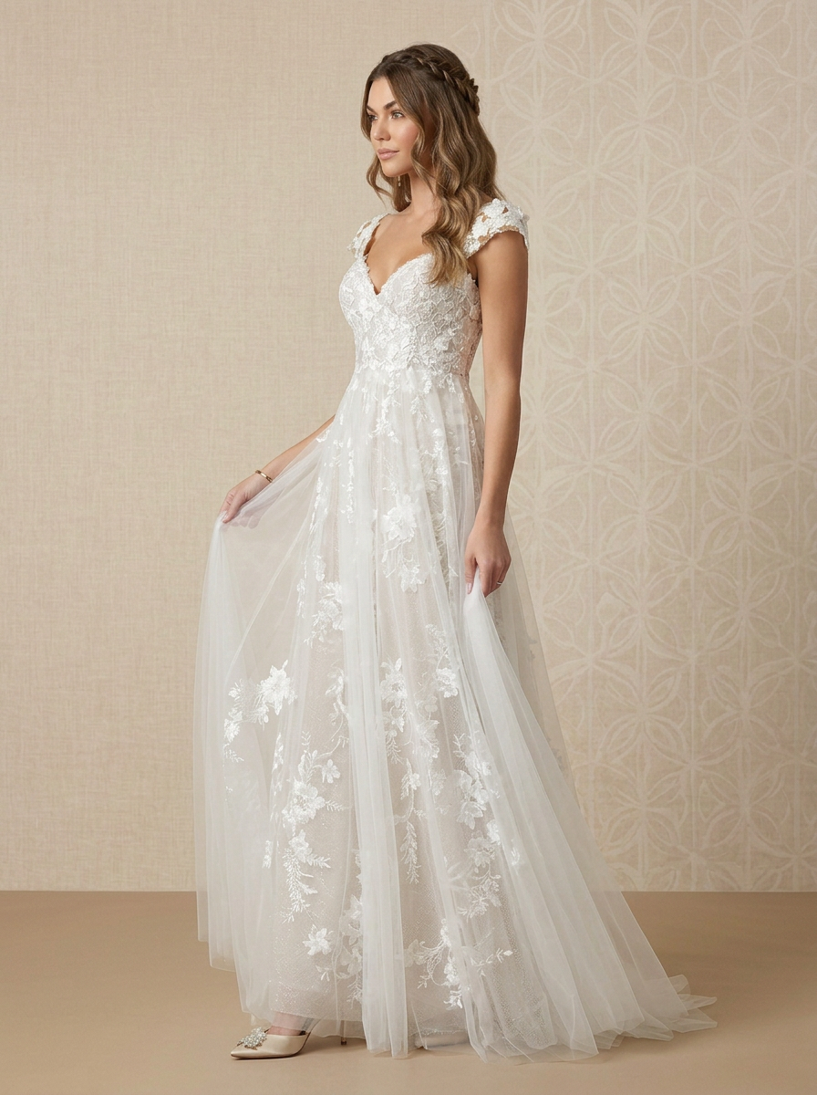 White A-Line Sweetheart Sequins Tulle Wedding Dress