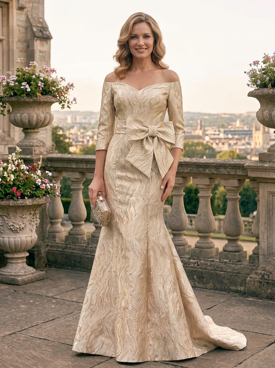  Champagne Brocade Off-the-Shoulder Mermaid Mother of the Bride & Groom Dresses with Statement Bow