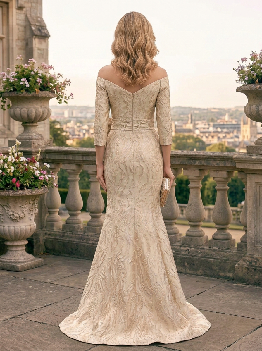  Champagne Brocade Off-the-Shoulder Mermaid Mother of the Bride & Groom Dresses with Statement Bow