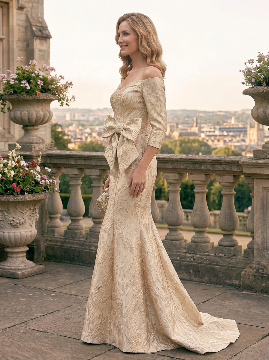  Champagne Brocade Off-the-Shoulder Mermaid Mother of the Bride & Groom Dresses with Statement Bow