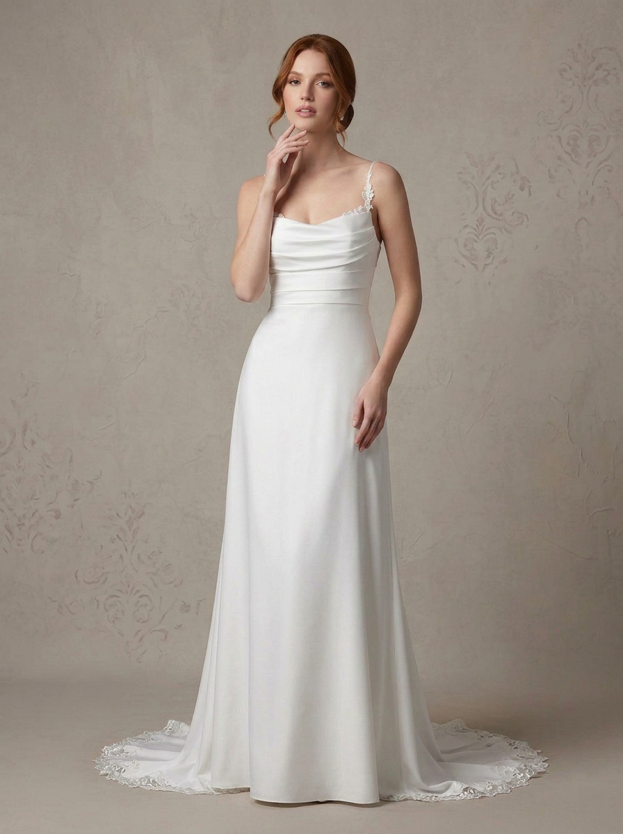White Satin Spaghetti Straps Draped Sheath Maxi Wedding Dress