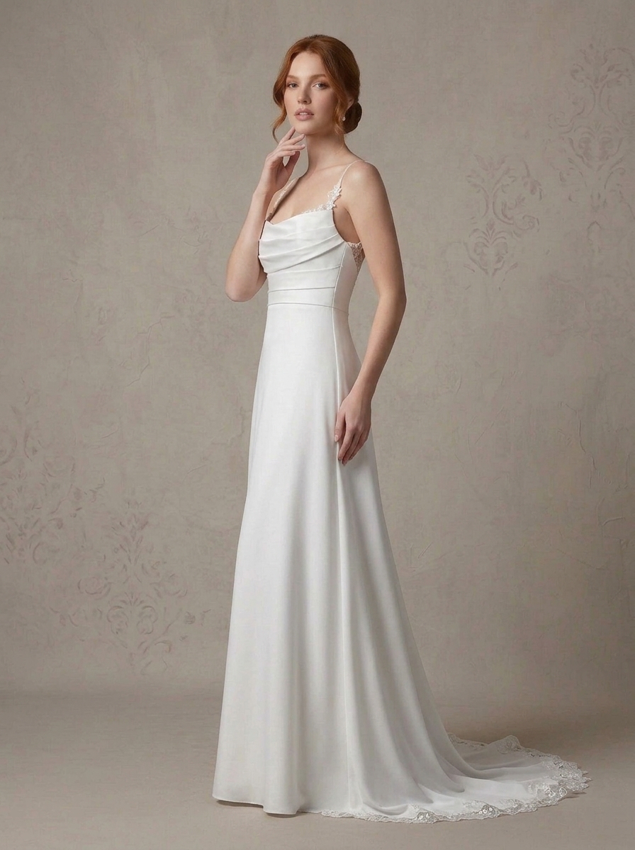 White Satin Spaghetti Straps Draped Sheath Maxi Wedding Dress
